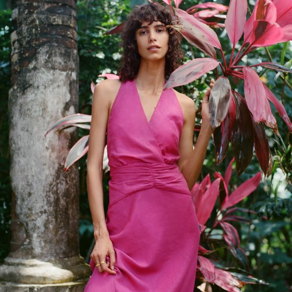ZARA HALTER LINEN BLEND NECK MIDI DRESS MAGENTA Sz L